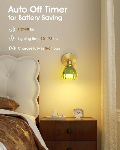 VOLISUN Vintage Battery Operated Wall Sconce,with Green Tulip Glass Lampshade, Wireless Wall Sconce, Rechargeable Battery Powered Wall Light, Sconce Wall Decor for Bedroom Living Room