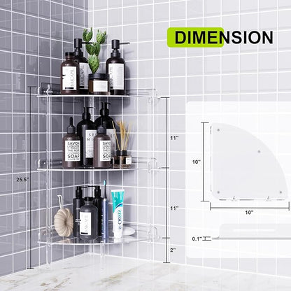 Corner Shower Caddy, 3 Tier Acrylic Shower Organizer Corner for Inside Shower, Rustproof Floor Standing Shower Shelves for Bathroom, Clear