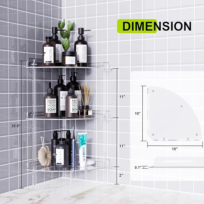 Corner Shower Caddy, 3 Tier Acrylic Shower Organizer Corner for Inside Shower, Rustproof Floor Standing Shower Shelves for Bathroom, Clear