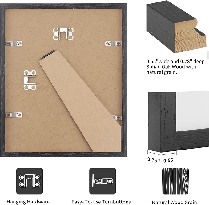 puthiac 5x7 Solid Oak Wood Picture Frame, Fits 4x6 with Mat or 5x7 Without Mat, Wall or Tabletop Display with Stand, Vertical or Horizontal, Plexi Front, 3 Pack, Black