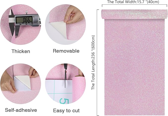 CHIHUT Pastel Pink Holographic Glitter Wallpaper for Girls Bedroom 15.7''x236'' Sparkly Iridescent Peel and Stick Contact Paper Self Adhesive Removable Shimmering Fabric Wrap for Walls Furniture Decor