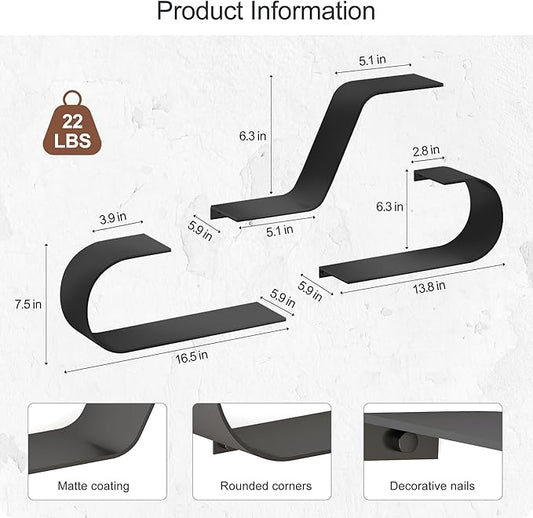 Black Floating Shelves Set of 3, Black Metal Decor, Unique Mounted Floating Shelf, Modern Long Wall Shelf, Large Wall Shelves for Bedroom, Bathroom, Living Room