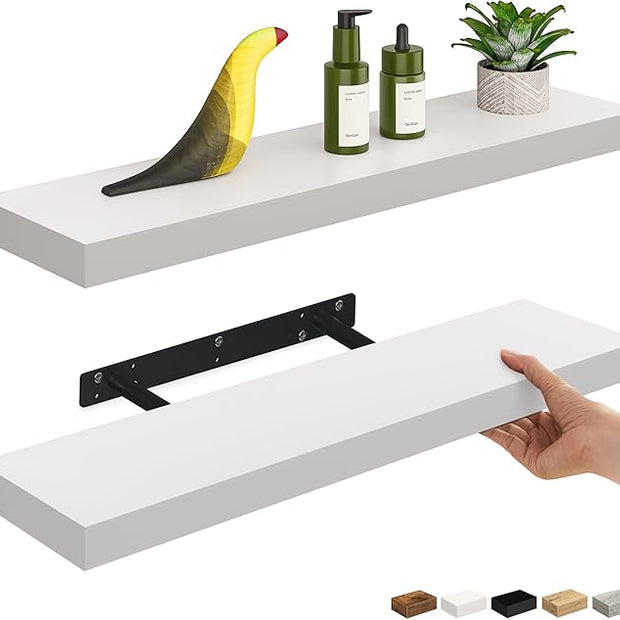Ballucci Floating Shelves, 24" Wood Wall Shelf Set of 2, with Invisible Brackets for Bathroom, Living Room, Bedroom, Kitchen, Nursery, 6" Deep, White