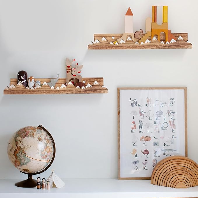 Wenqik 3 Pcs Snow Mountain Floating Shelves Wood Nursery Book Shelves Wall Mounted Rustic Floating Ledge for Kids Room(Light Brown)
