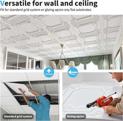 Art3d Drop Ceiling Tiles 24x24 in White (12-Pack, 48 Sq.ft), Wainscoting Panels Glue Up 2x2