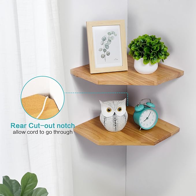 Corner Wall Shelves, Corner Floating Shelves Set of 2 Solid Oak Wood Display Shelf with Wire Hole Small Plant for Kitchen Living Room