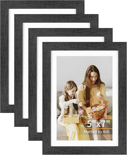 5x7 Picture Frame Set of 4, Displays 4x6 with Mat or 5x7 Without Mat, Photo Frames for Wall Hanging or Tabletop, Includes HD Plexiglass, Black