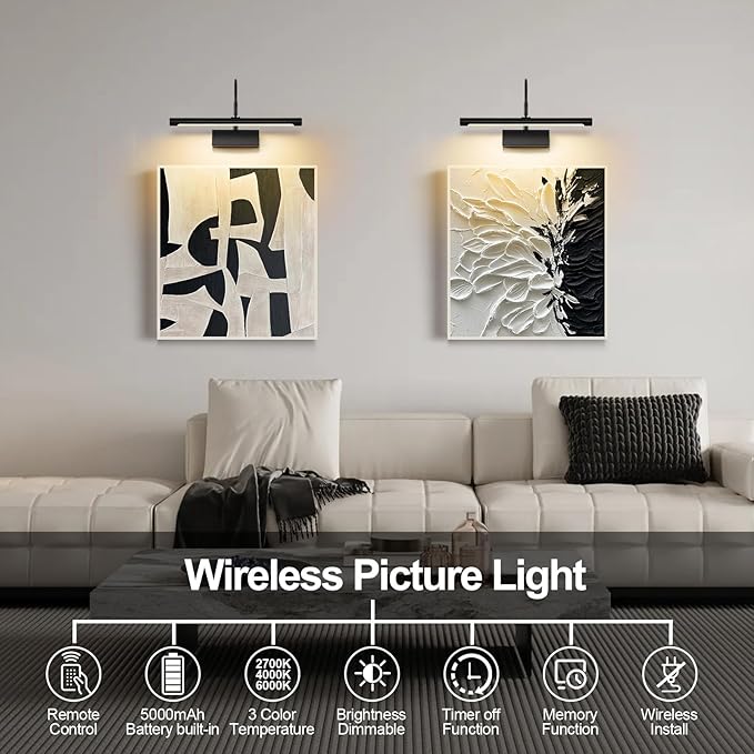Picture Light, 5000mAh Battery Rechargeable Wall Sconce,16 inch Black Art Painting Light with Remote Dimmable, 3 Color temperatures & Timmer Art Lights for Paintings,Picture Frame,Gallery