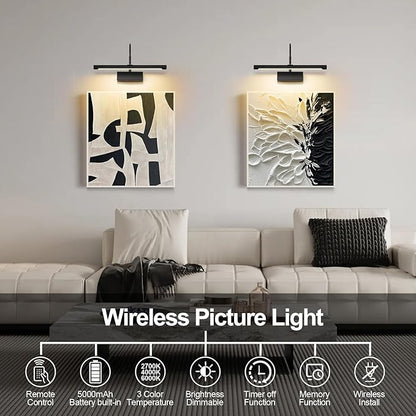 Picture Light, 5000mAh Battery Rechargeable Wall Sconce,16 inch Black Art Painting Light with Remote Dimmable, 3 Color temperatures & Timmer Art Lights for Paintings,Picture Frame,Gallery