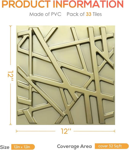 33 Pack 3D Wall Panels for Interior Wall Decor, 12''x12'' Champaign Gold Accent Textured Wall Panels, Wall Covering Panles for Living Room, Gaming Room, TV Background, Cover 32 Sq.Ft
