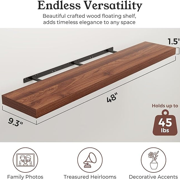 Floating Shelves for Wall, 9.3" Deep Wall Mounted Wood Shelves for Bathroom, Bedroom, Living Room, Kitchen, Hanging Shelf for Books/Storage/Room Decor (Walnut, 48")