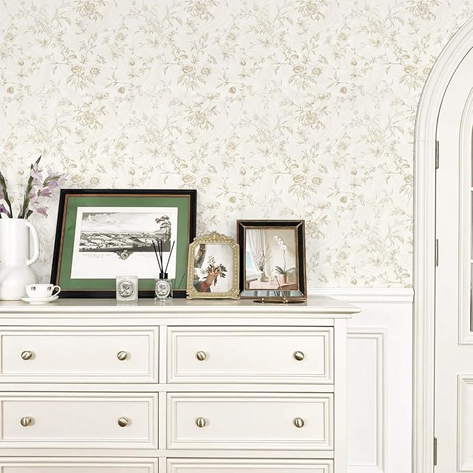 Ismoon Peel and Stick Wallpaper Floral Vintage Stick on Wall Paper Beige French Textured Contact Paper for Cabinet Removable Self Adhesive Wallpaper Vinyl Roll Shelf Deco, 17.3x118in