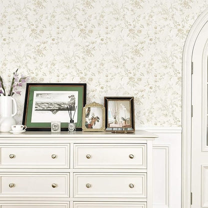 Ismoon Peel and Stick Wallpaper Floral Vintage Stick on Wall Paper Beige French Textured Contact Paper for Cabinet Removable Self Adhesive Wallpaper Vinyl Roll Shelf Deco, 17.3x118in