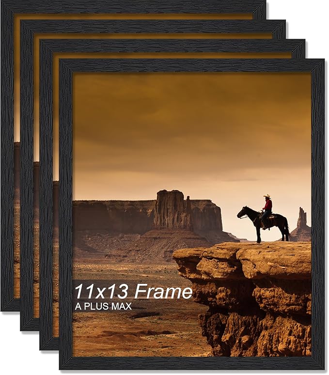 A PLUS MAX 11x13 Picture Frame Set of 4, Black Engineered Wood Frame for 11 x 13 Inch Picture Poster Photo, Light Weight 11 by 13 Frame with Wood-grain for Wall - 4 Pack/Black/11 x13