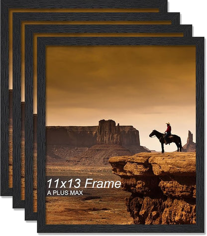 A PLUS MAX 11x13 Picture Frame Set of 4, Black Engineered Wood Frame for 11 x 13 Inch Picture Poster Photo, Light Weight 11 by 13 Frame with Wood-grain for Wall - 4 Pack/Black/11 x13