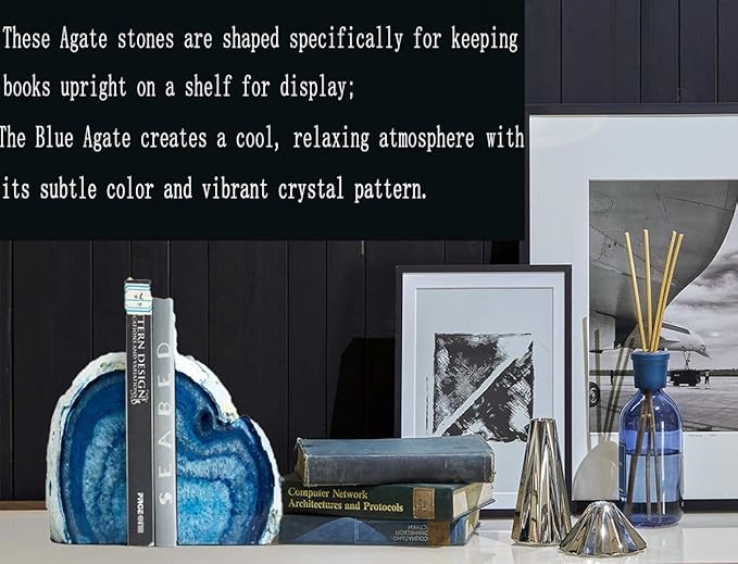 JIC Gem Agate Decorative Book Ends Blue Gemstone Geode Bookends Cool Crystal Bookends for Shelves Book Ends for Heavy Duty Books with Rubber Bumpers for Office and Home Décor (1 Pair,4-6 LBS)