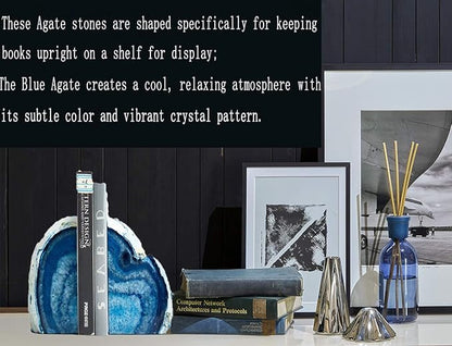 JIC Gem Agate Bookends Dyed Blue Book Ends for Heavy Books Geode Bookends for Bookshelf Decor Cute Stone Bookends with Rubber Bumpers for Office Décor and Home Decoration(1 Pair,6 to 8 Lbs)