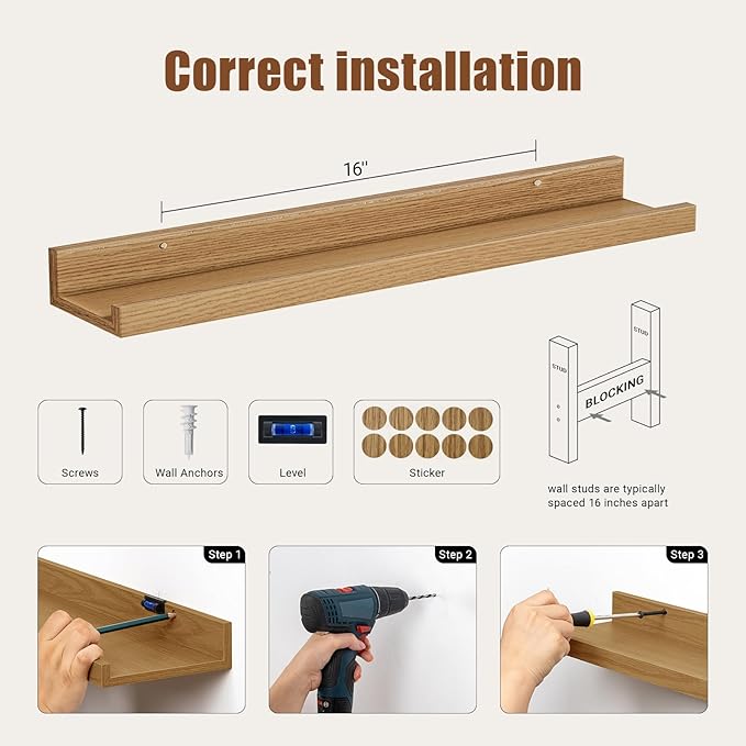Heimlove 24 inch Picture Ledge Shelf Set of 8,Long Floating Shelves for Wall,Oak Picture Shelf with Lip for Wall Decor,Living Room Bedroom Bookshelf Photo Frames Nursery Book Shelves for Storage