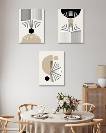 HesenDot Abstract Geometric Wall Art Set of 3, 40x60CM Minimalist Line Framed Canvas Prints, Boho Modern Beige Black Shapes Wall Decor for Living Room Bedroom Bathroom Office Home