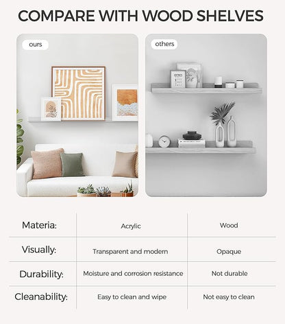 HBlife 48 Inches Invisible Wall Floating Bookshelf for Kids and Nursery, Clear Acrylic Shelves for Figures, 16 Inch Stud Spacing Long Large Picture Ledge Shelf for Photo Frames, 4 Pack (5MM Thick)