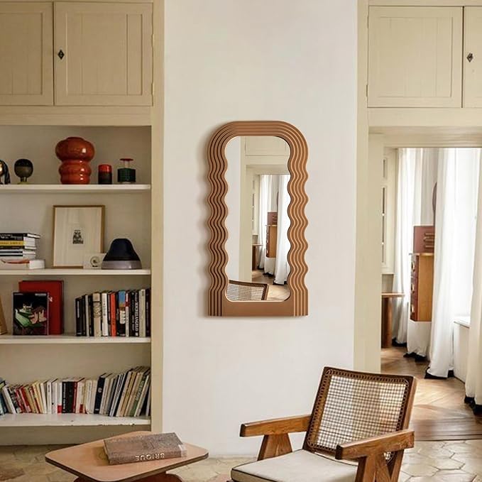 Wavy Wall Mirror for Cozy Home Decor, 14x28 Arched Wall Mounted Mirror with Velvet Touch for Girly Bedroom Decoration, Unique Home Accent for Modern Room Aesthetics (Brown)