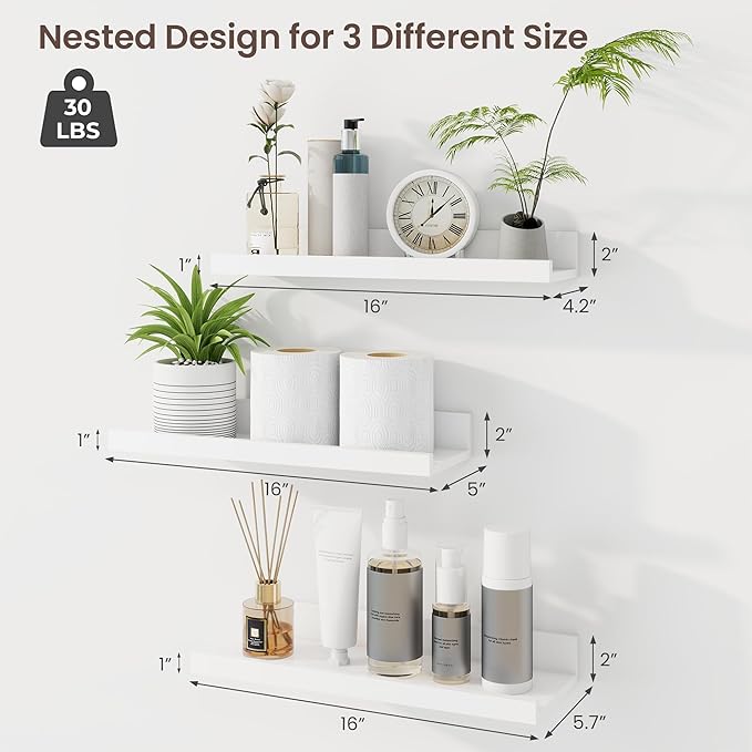 Axeman Picture Ledge Shelf | 16 Inch White Floating Shelves Set of 3 | Rustic Wood Wall Shelves with Lip | 16