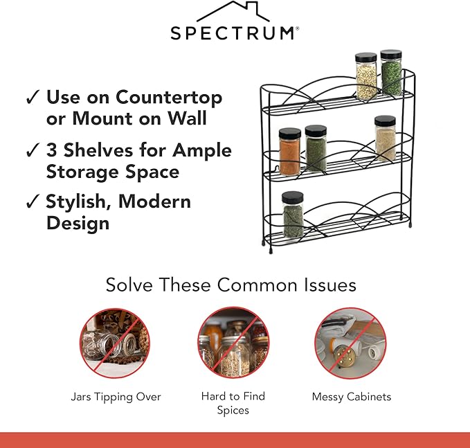 Spectrum 3 Tier Spice Rack Organizer Black Countertop Wire Shelf Spice Rack for Modern Kitchen Pantry Cabinet, Organize Spices with Three Tier Spice Shelf for Kitchen Storage with Wall Mount Option