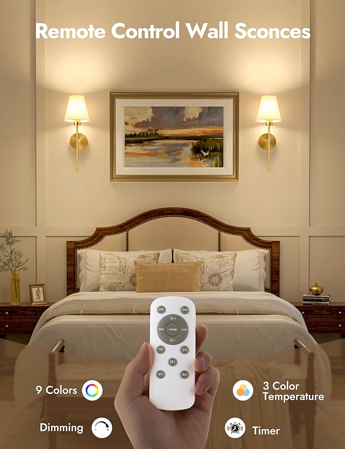VOLISUN Battery Operated Wall Sconces Set of Two, Wireless Wall Sconces with Remote and Dimmable Bulbs, 9 Colors Battery Powered Wall Lights, Gold Rechargeable Wall Lamps for Bedroom (19.7 inch)
