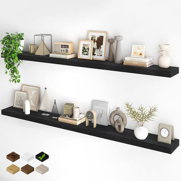 Fun Memories 72Inch Floating Shelves,Wall Mounted Rustic Wood Floating Shelf with Invisible Brackets for Storage & Decor,2 Pack Shelves for Bathroom,Bedroom and Kitchen,Black