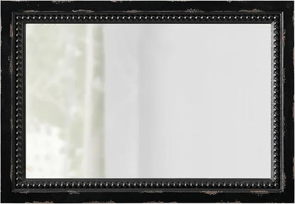 Rustic Black Mirror with Beaded Detailing 29 X 20 Inch, Wall Hanging Distressed Wood Frame Rectangular Gothic Wall-Mounted Mirrors for Living Room Bathroom Entryway, Horizontal or Vertical