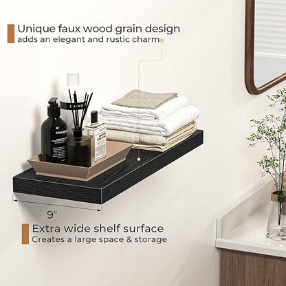 Fun Memories Floating Shelves - 2 Pack 9 Inch Rustic Wooden Wall Shelves - Extra Deeper & Thicker Wall Mounted Storage Shelf for Living Room, Kitchen, Farmhouse - 24" W x 9" D x 1.6" H - Rustic Black