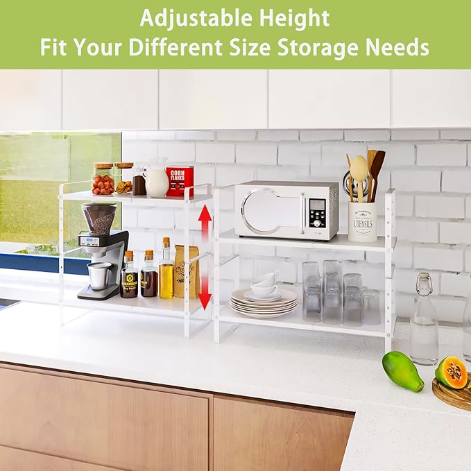 Expandable Cabinet Shelf Organizer Rack, Stackable Kitchen Counter Storage Shelves Stand, Adjustable Height Pantry Shelf Spice Rack