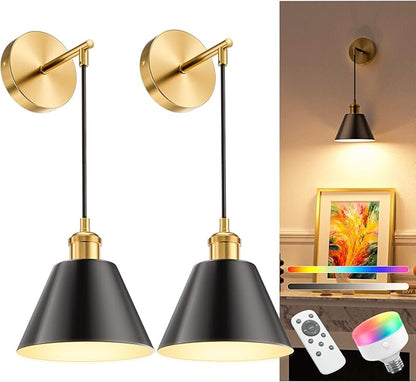 NIORSUN Gold & Black Battery Operated Wall Sconce Set of 2, 5200mAh Dimmable Detachable Bulbs and Remote Wireless Rechargeable Wall Lights, 9 Colors Sconces Wall Decor for Bedroom Living Room Hallway