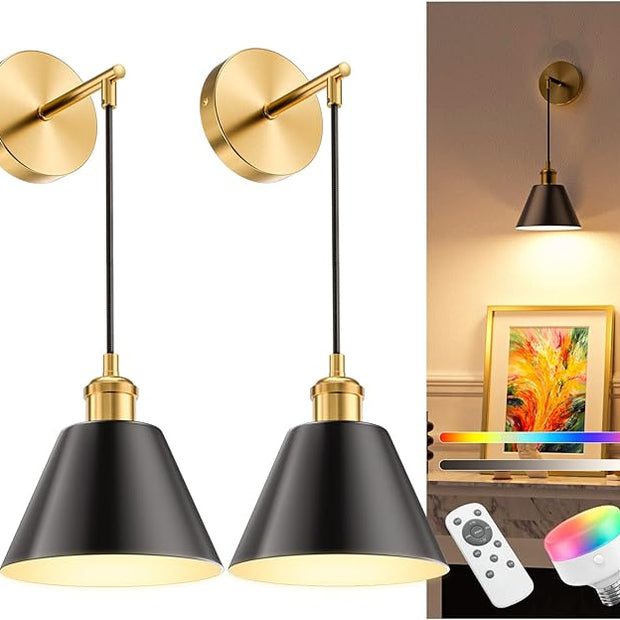 NIORSUN Gold & Black Battery Operated Wall Sconce Set of 2, 5200mAh Dimmable Detachable Bulbs and Remote Wireless Rechargeable Wall Lights, 9 Colors Sconces Wall Decor for Bedroom Living Room Hallway