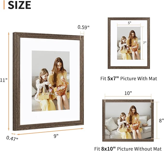 ATOBART 8x10 Picture Frame Set of 4, Displays 5x7 with Mat or 8x10 Without Mat, Photo Frames for Wall Hanging or Tabletop, Includes HD Plexiglass, Brown