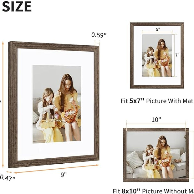 ATOBART 8x10 Picture Frame Set of 4, Displays 5x7 with Mat or 8x10 Without Mat, Photo Frames for Wall Hanging or Tabletop, Includes HD Plexiglass, Brown