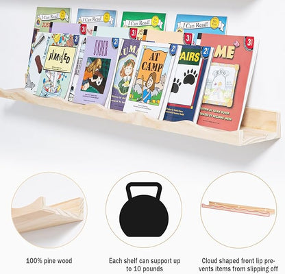 AZSKY Floating Bookshelf for Kids, Cloud Picture Ledge Shelf Natural 23.6 Inches Nursery Book Shelves Set 3, Baby Book Shelf for Kids Room, Toddler Room, Nursery Decor
