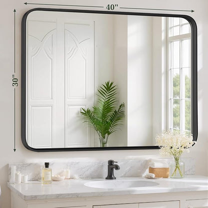 Bathroom Mirror 40x30 Inch Black Metal Frame Rectangle Vanity Mirror with Rounded Corners, Modern Wall Mounted Anti-Rust Mirror for Farmhouse, Restroom, Entryway, Horizontal or Vertical Hanging