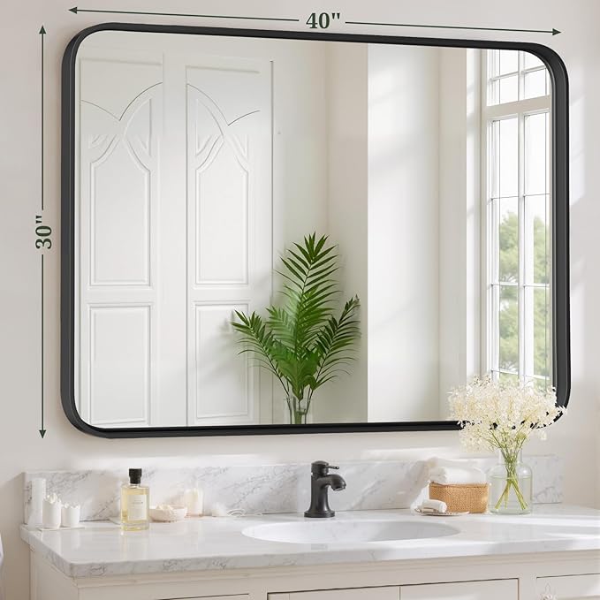 Bathroom Mirror 40x30 Inch Black Metal Frame Rectangle Vanity Mirror with Rounded Corners, Modern Wall Mounted Anti-Rust Mirror for Farmhouse, Restroom, Entryway, Horizontal or Vertical Hanging