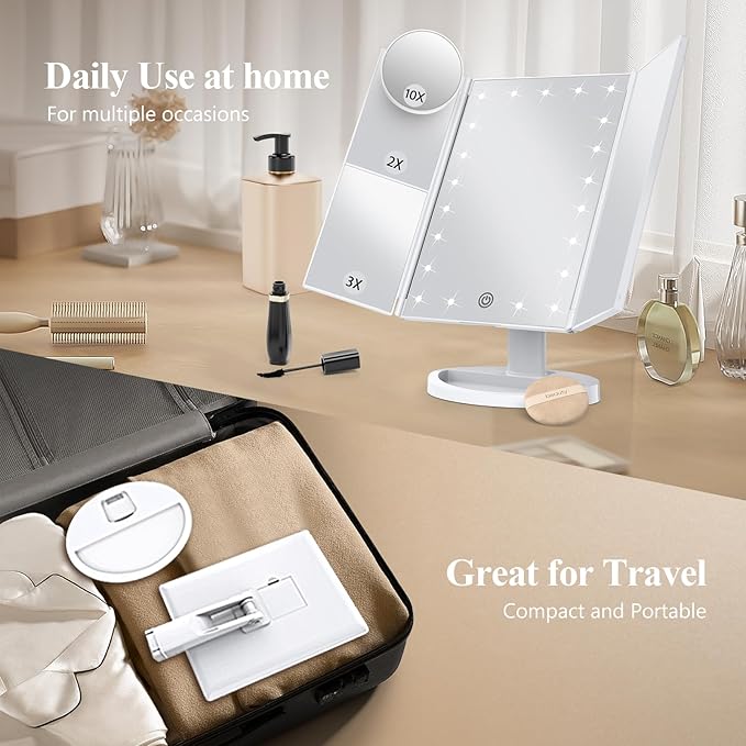 HUONUL Makeup Mirror, Vanity Mirror with Lights, 2X/3X/10X Magnification, Touch Control, Trifold, Dual Power Supply, Gifts Mothers Day for Mom,Gifts for Women, Wife, Girls,Dorm Room Essentials
