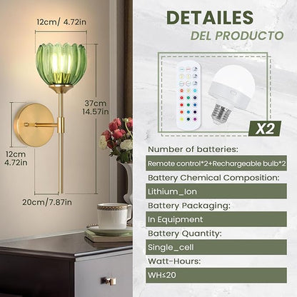Vintage Battery Operated Wall Sconce Set of Two,Rechargeable Wall Lights with RGB Dimmable Detachable Bulbs and Remote,12 Colors Wireless Wall Lamps for Bedroom Living Room Hallway (Green)