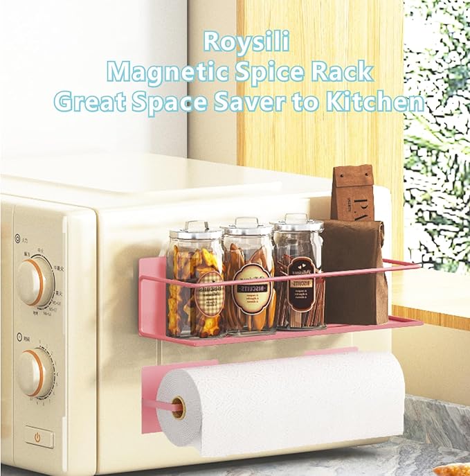 Magnetic Spice Rack For Refrigerator, Space Saving Magnetic Shelf For Fridge Pink 2 Pack With Magnetic Paper Towel Holder