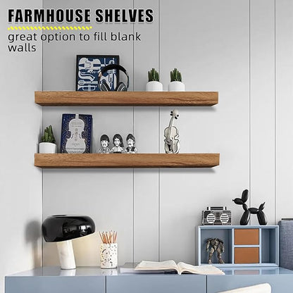 24 Inch Floating Shelves, Bathroom Wooden Shelves for Wall Mounted, Rustic Farmhouse Floating Shelves, Solid Wood Wall Shelves for Storage, Set of 2, Carbonized Black