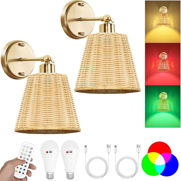 Frideko Rattan Rechargeable Wall Sconces Set of Two with Remote, RGB 15 Colors Dimmable Battery Operated Wall Lights, Indoor Wireless Wall Lamp with 3 Timer, Farmhouse Boho Sconce Light for Bedroom