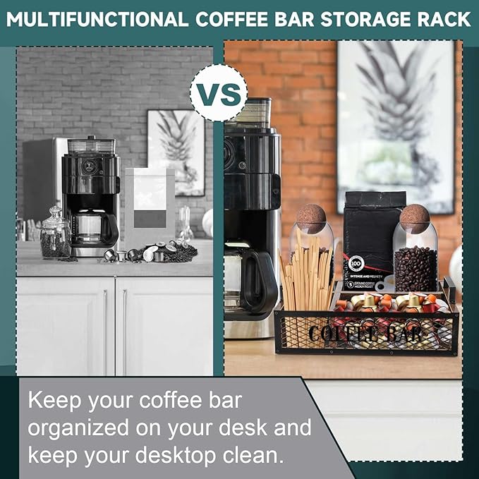 Coffee Station Organizer for Countertop, All in One No Assembly Wood Coffee Creamer Bar Holder with Iron Mesh, Office Tea Bar Accessories Gift for New Home Birthday(Brown,Natural)