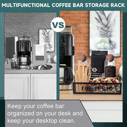 Coffee Station Organizer for Countertop, All in One No Assembly Wood Coffee Creamer Bar Holder with Iron Mesh, Office Tea Bar Accessories Gift for New Home Birthday(Brown,Natural)