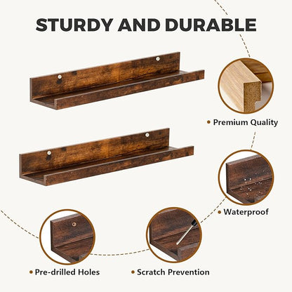Muzilife 16" Floating Wall Ledge Shelves with Lip - Set of 2 Wood Floating Shelves - Honey Brown Wall Mounted Picture Ledge for Office, Bathroom, Bedroom, Living Room, Kitchen