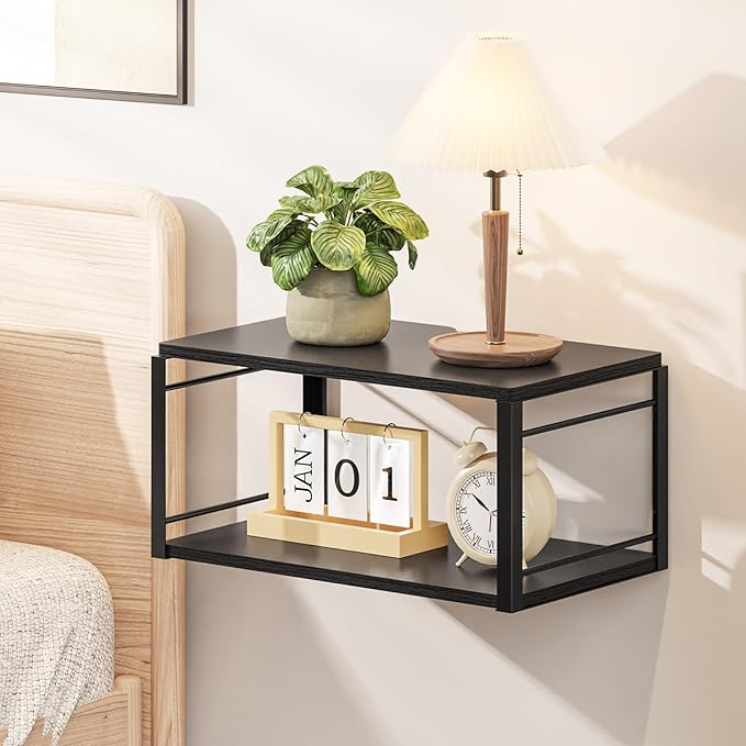 Floating Nightstand, Wood Bedside Shelf Wall Mounted Nightstand, Floating Bedside Table for Bedroom, Living Room, Bathroom, Kitchen, Office (Black)