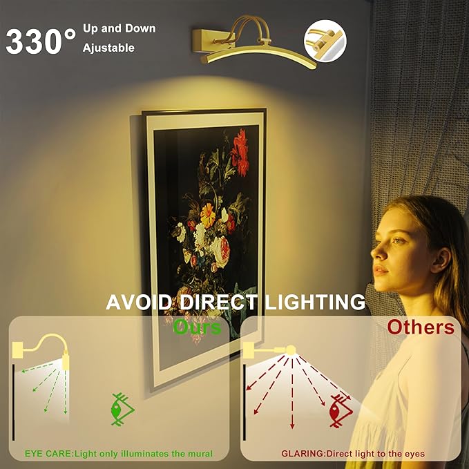 PAIHOME Picture Light for Wall Battery Operated, Rechargeable Magnetic Picture light with Smart Motion Sensor, Remote Dimmable & Timer, ‌16in Gold Wireless Art Lighting for Paintings Gallery Portraits