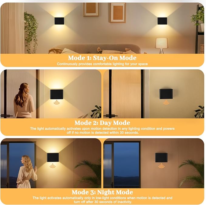 Yochoice Motion Sensor Wall Sconces with Remote Control, 6000mAh Black Wireless Touch Control Rechargeable Lamps with 3 Color Temperatures, LED Up Down Battery Operated Wall Lights Indoor, 2-Pack